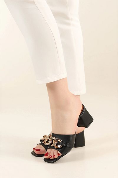 ARONA Black Single Band Chain Buckle Detail Heeled Slippers