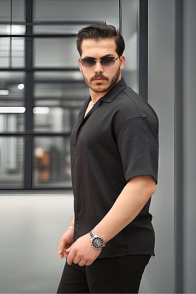 Valiberta Fresh Fabric Apaş Collar Short Sleeve Men's Shirt - Black