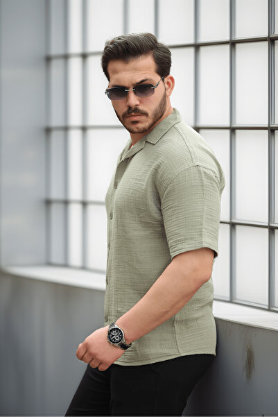 Valiberta Половинна прекалена яка с къс ръкав от муслин за мъже - каки