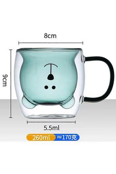 MUKKO HOME Double Wall Bear Patterned Borosilicate Glass Cup with Handle – 250 Ml, Heat Resistant