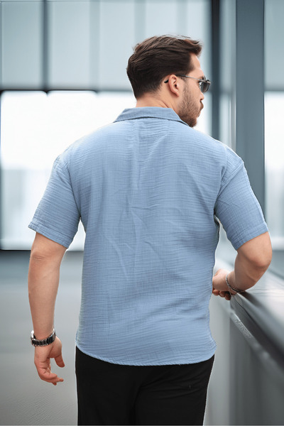 Valiberta Yarım Oversize Apaş Yaka Kısa Kol Müslin Kumaş Erkek Gömlek - Soğuk Mavi
