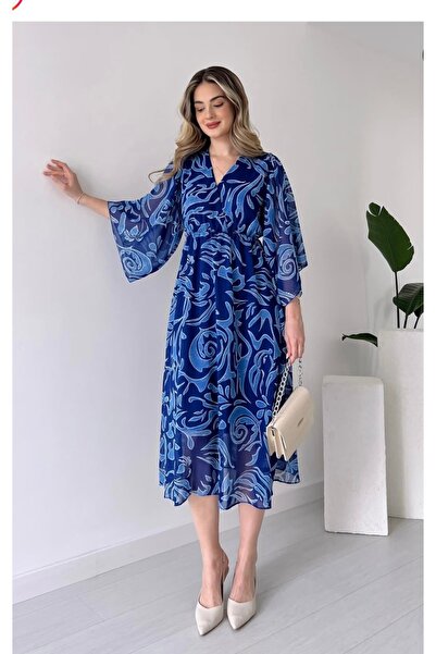 hiraz fashion Women's Patterned Color Double Breasted Neckline Chiffon Dress