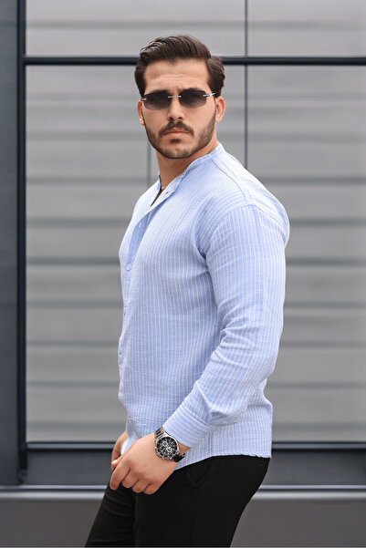 Valiberta Çizgili Müslin Kumaş Yarım Pat Erkek Gömlek - Mavi