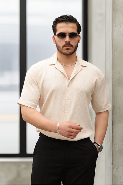 Valiberta Fresh Fabric Apaş Collar Short Sleeve Men's Shirt - Beige