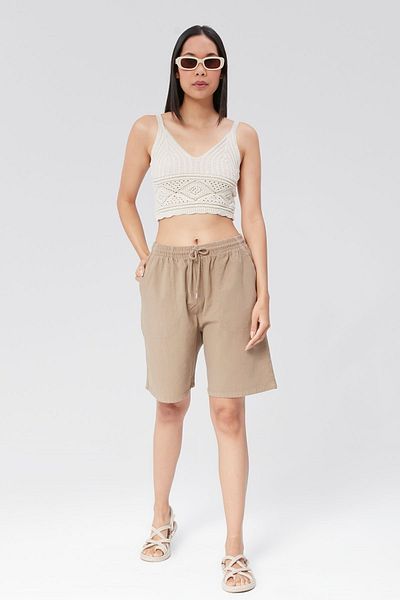 MONAHA Γυναικείο βαμβακερό σορτς Mink Loose Cut - Λινό, Ψηλόμεσο, Ελαστική Μέση Monaha