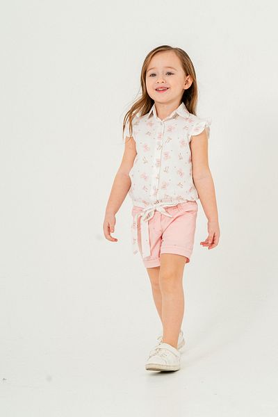 PAMPAL ÇOCUK Girl's Short Sleeve Teddy Bear Print Shirt - Shorts Suit