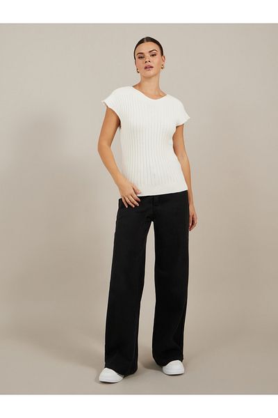 Styli Ribbed V Neck Knit Top with Cap Sleeves
