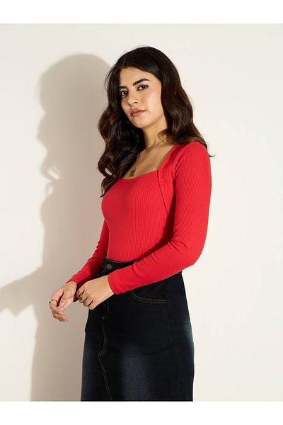 Sassafras By Styli بلوزة مضلعة بأكمام طويلة ورقبة مربعة