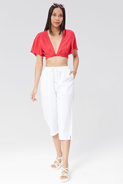 MONAHA Women's White Comfortable Cotton Capri - Linen, Elastic Waist Slit Monaha