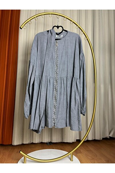 SMY ÖNÜ TAŞLI BALON KOL FERMUAR KAPAMA TUNİK GÖMLEK