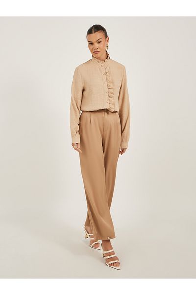 Styli Textured Ruffled Detail High Neck Blouse