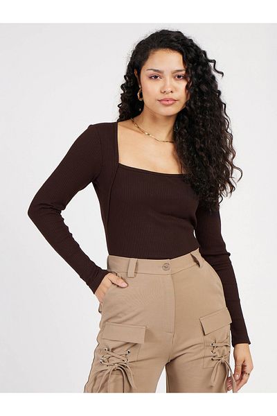 Sassafras By Styli Ribbed Square Neck Long Sleeve Top