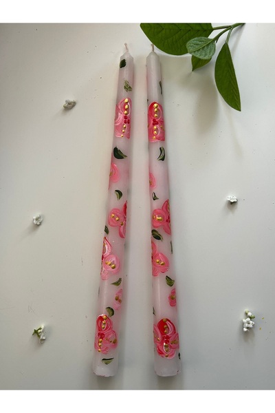 Lights Of Candle 2'li Papatya Desenli El Boyaması Şamdan Mum Seti