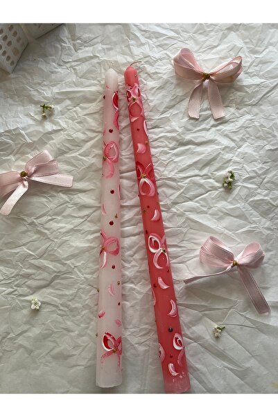 Lights Of Candle 2'li Pembe Kurdele Çizimli El Boyaması Şamdan Mum Seti