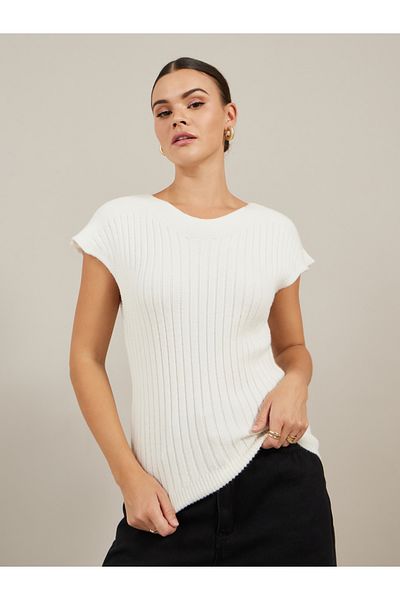 Styli Ribbed V Neck Knit Top with Cap Sleeves
