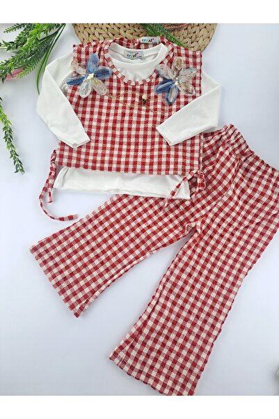 Butik Kız Çocuk Üçlü Takım Yanları Bağlamalı Çiçek Detaylı Zincirli Badili Me...