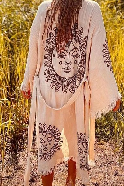FASHION COCKTAIL Бежово бохемско плажно кимоно кафтан - слънчев мотив, колан и пискюли, естествена материя