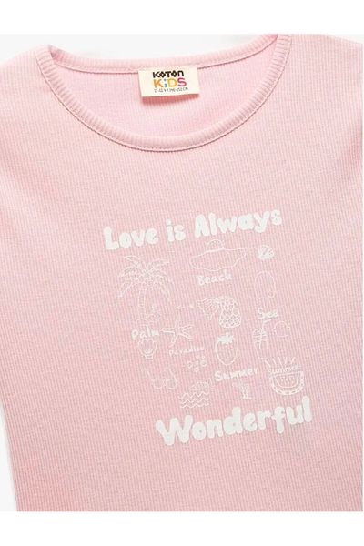 Koton Cotton Printed Crew Neck Short Sleeve Crop Pink Girl's T-Shirt 5Skg10266Ak