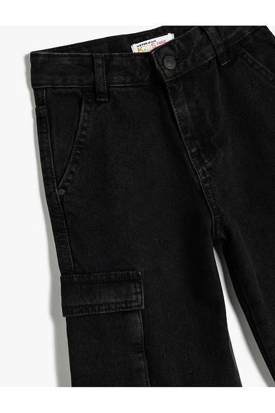 Koton Cargo Pocket Cotton Wide Leg Black Girls Jean Trousers 5Skg40105Ad