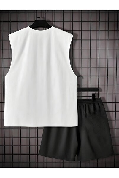 TREND ALİSSE Erkek Spor Takım - 2'lı 0 Kol Beyaz  Spor Atlet ve  Siyah Şort Kombin