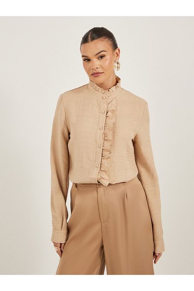 Styli Textured Ruffled Detail High Neck Blouse
