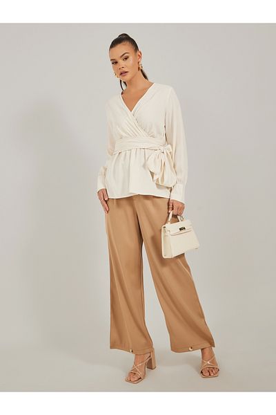 Styli Solid Balloon Sleeve Wrap Top with Tie Detail