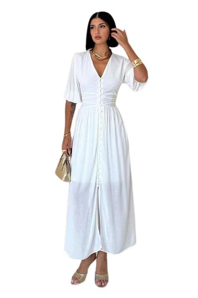 Moda Amore Women's Summer White Dress - V Neck Lined Button Detail Short Sleeve Dress 7539
