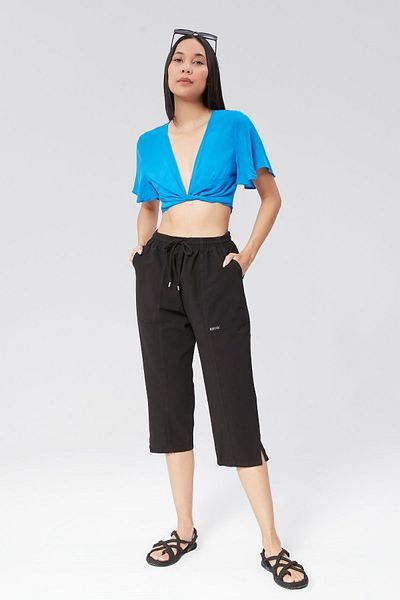 MONAHA Women's Black Relaxed Cut Cotton Capri - Linen, High Waist, Slit Monaha