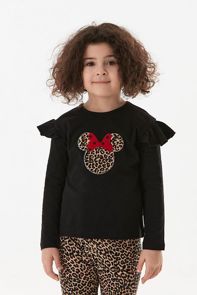 Fulla Moda Leopard Patterned Character Embroidered Girl's Flare Suit