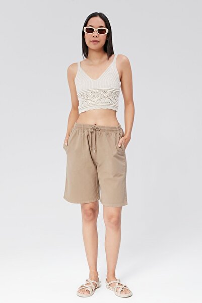 MONAHA Kadın Vizon Bol Kesim Pamuklu Şort - Keten, Yüksek Bel, Beli Lastikli Monaha