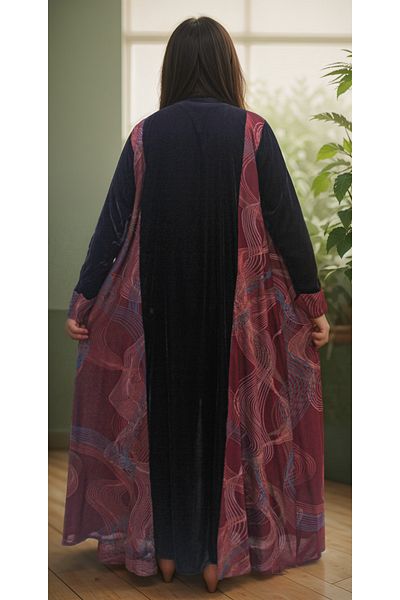 Generic Black cashmere abaya with burgundy cashmere embroidery on the sides