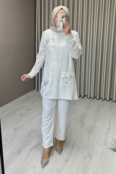 Ece Triko Gold Sparkle Detail Comfortable Fit Aerobin Fabric Hijab Double Set