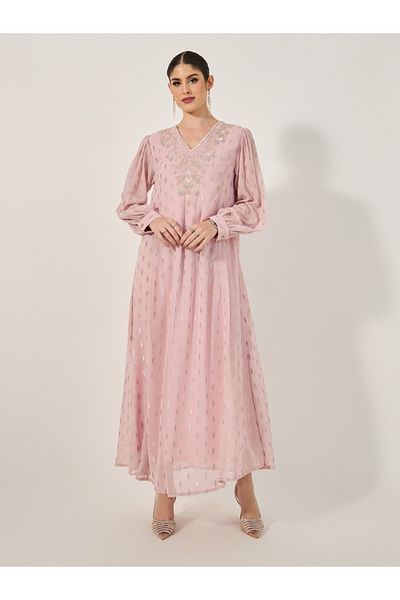 Styli Dobby Balloon Sleeve V-Neck A-Line Maxi Dress