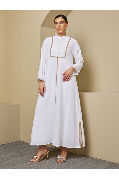 Styli Lace Detail Buttoned Mandarin Collar A-Line Jalabyia