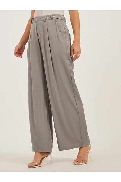Styli Solid Pleated Wide Leg Pants with Belt Loops