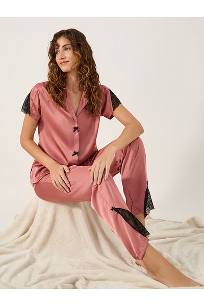 Styli Lace Insert Collared Shirt and Pyjama Set