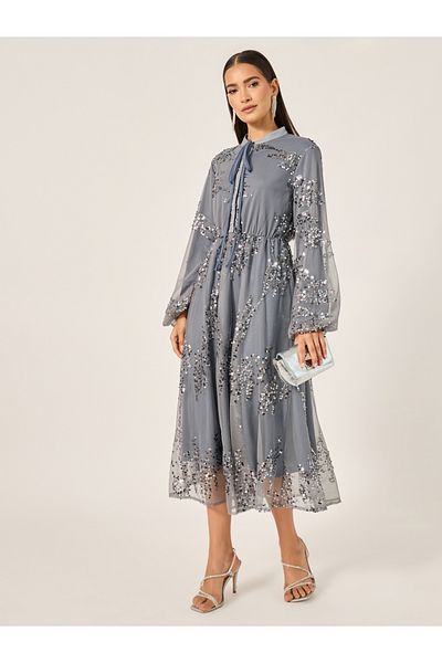 Styli Sequin Embellished Balloon Sleeves A-Line Midi Dress