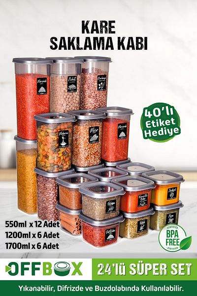 OFFBOX 24 Pieces 48 Pieces Square Food Grain Spices Storage Container Set with 40 Labels Gift