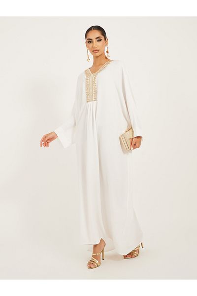 Styli Embroidered V-Neck Batwing Sleeve A-Line Jalabyia