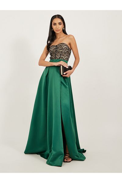 Styli Satin Embroidered Off Shoulder A-Line Maxi Dress