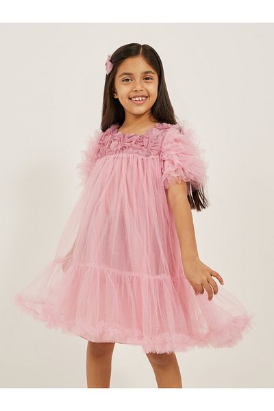 Styli Solid Ruffled Sleeves Dress with Corsage Detail