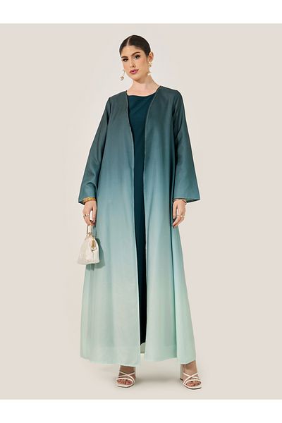 Styli Ombre Print Front Open Abaya with Inner Dress