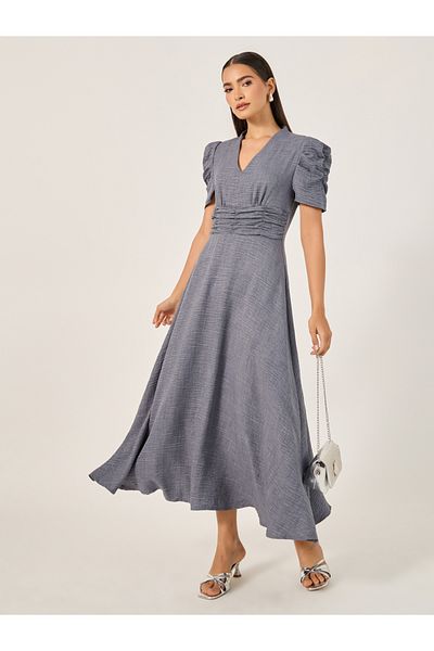 Styli Textured Ruched Sleeves A-Line Midi Dress