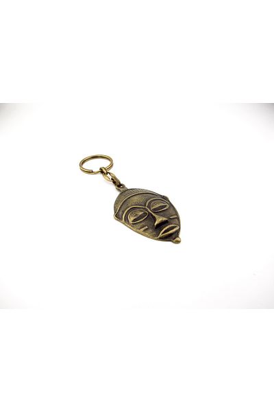 Solfera African Tribal Ceremonial Mask, Antique Yellow Tumbled and Metal Keychain