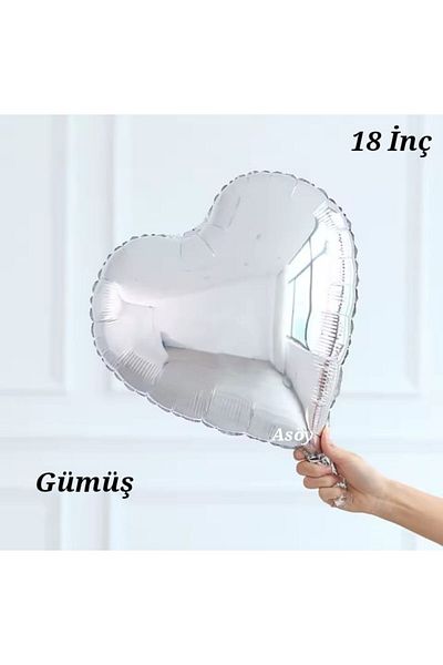 asöy Silver Shiny Color Heart Foil Balloon 18 Inch 45 cm 1 Piece