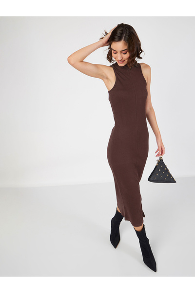 Sassafras By Styli Rib High Neck Sleeveless Midi Dress