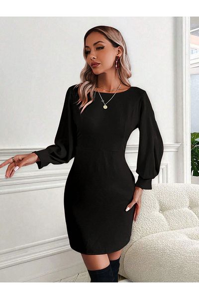 Kotty By Styli Solid Puff Sleeve Sheath Mini Dress with V Back