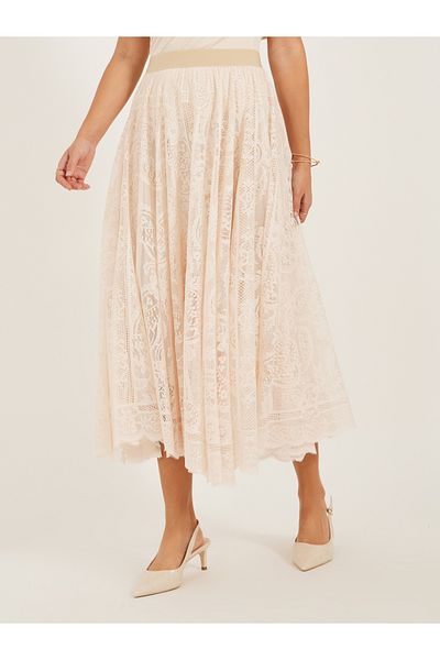 Styli Solid Asymmetric Hem Lace A-Line Midi Skirt