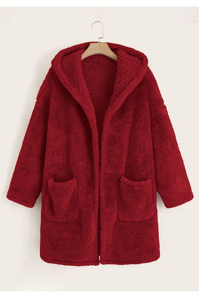 Little Visqon Women's Double Pocket Detailed Hooded Plush Cardigan - Red
