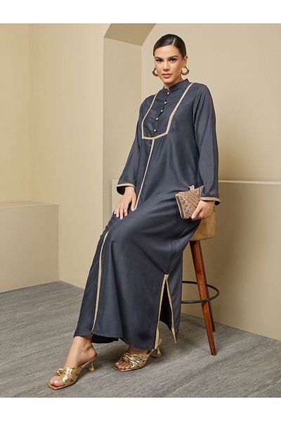 Styli Lace Detail Buttoned Mandarin Collar A-Line Jalabyia